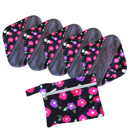 5 Cloth Menstrual Pads Panti Liners with WetBag for light day flow or a back up for your Period Cup (5 Pattern Choices)