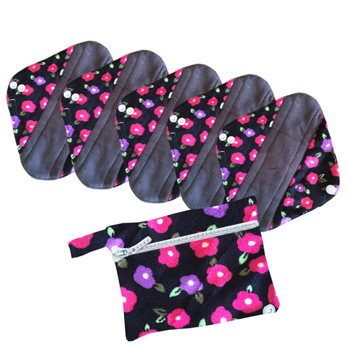 5 Cloth Menstrual Pads Panti Liners with WetBag for light day flow or a back up for your Period Cup (5 Pattern Choices)
