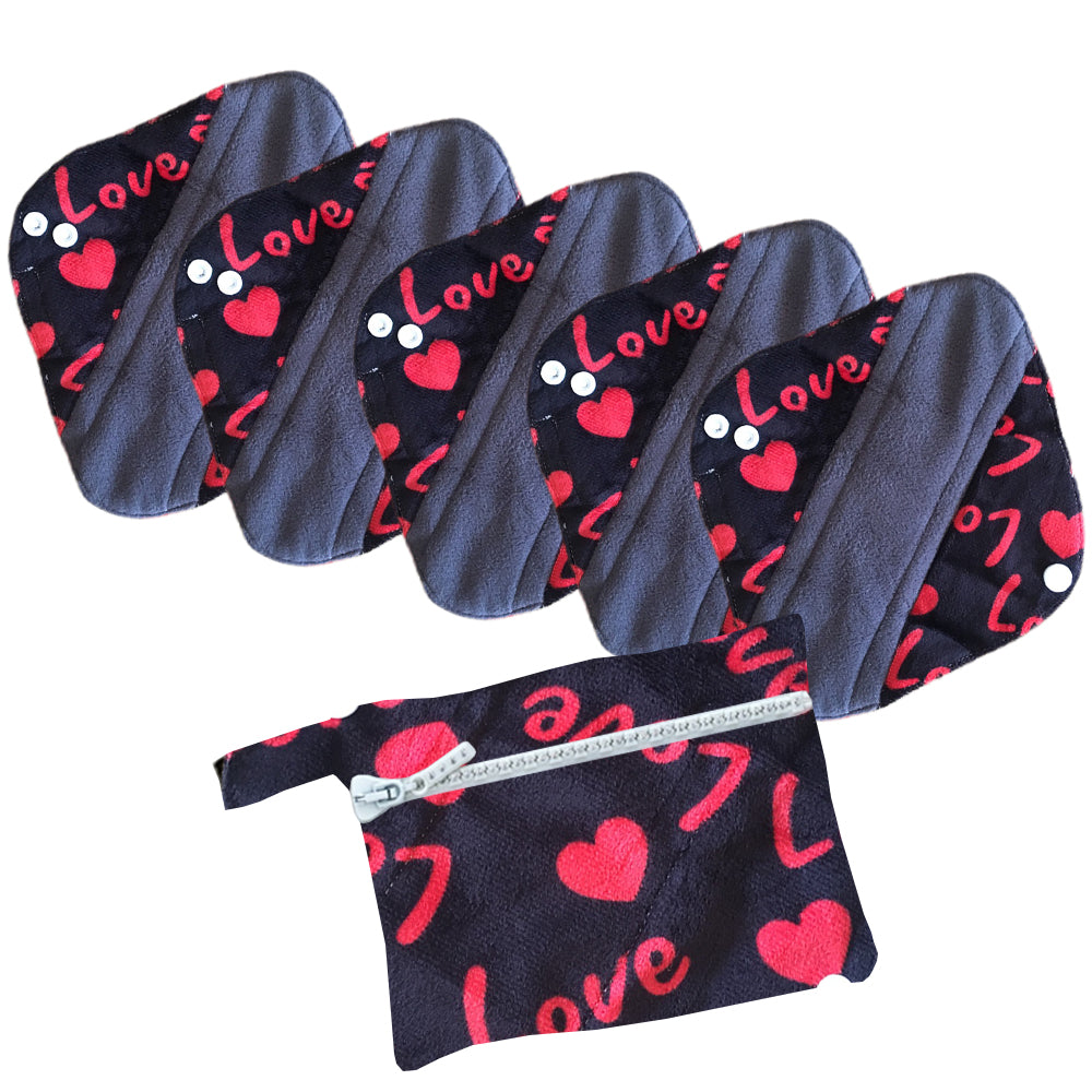 5 Cloth Menstrual Pads Panti Liners with WetBag for light day flow or a back up for your Period Cup (5 Pattern Choices)