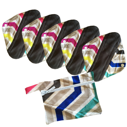5 Cloth Menstrual Pads Panti Liners with WetBag for light day flow or a back up for your Period Cup (5 Pattern Choices)