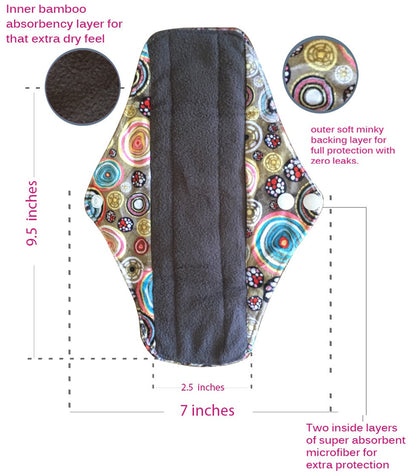 Period Mate Mama Cloths for Medium to heavy Flow with a Bonus Wet bag ( 6 pieces) Carnival