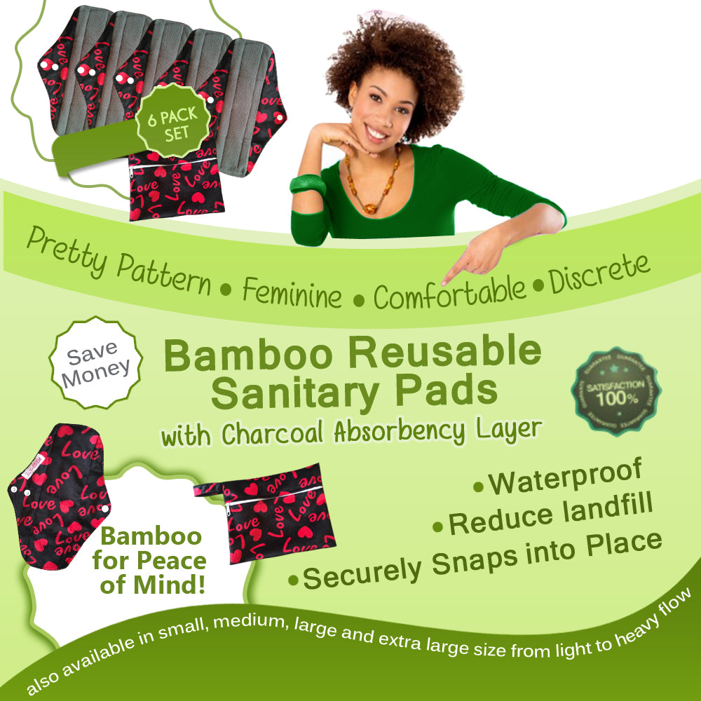 Period Mate Mama Cloths for Medium to heavy Flow with a Bonus Wet bag ( 6 pieces) Red Love