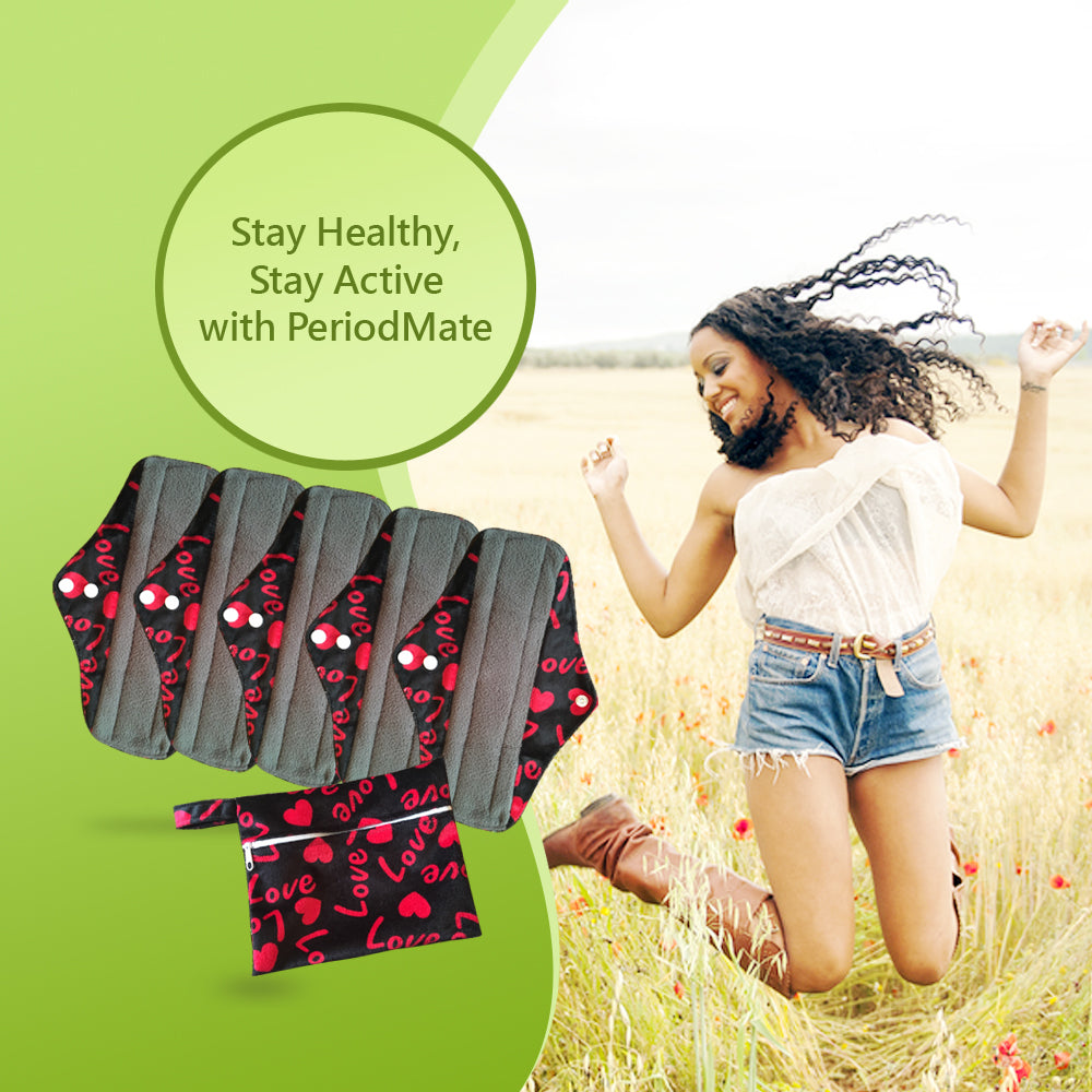 Period Mate Mama Cloths for Medium to heavy Flow with a Bonus Wet bag ( 6 pieces) Red Love